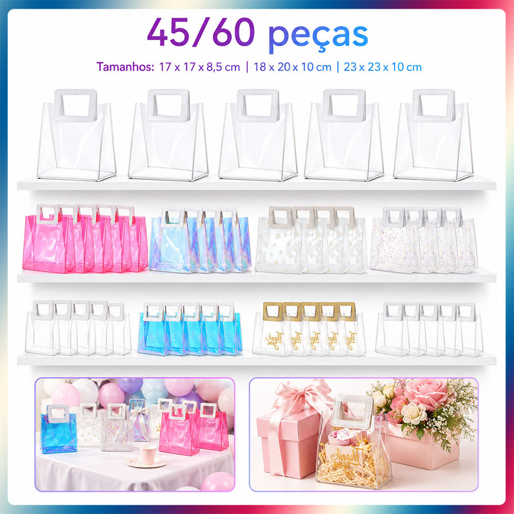45/60 pçs Bolsa Cristal Transparente PVC com Alça Quadrada Reutilizável para Presentes e Festas Vários tamanhos