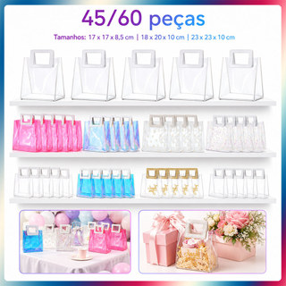 45/60 pçs Bolsa Cristal Transparente PVC com Alça Quadrada Reutilizável para Presentes e Festas Vários tamanhos