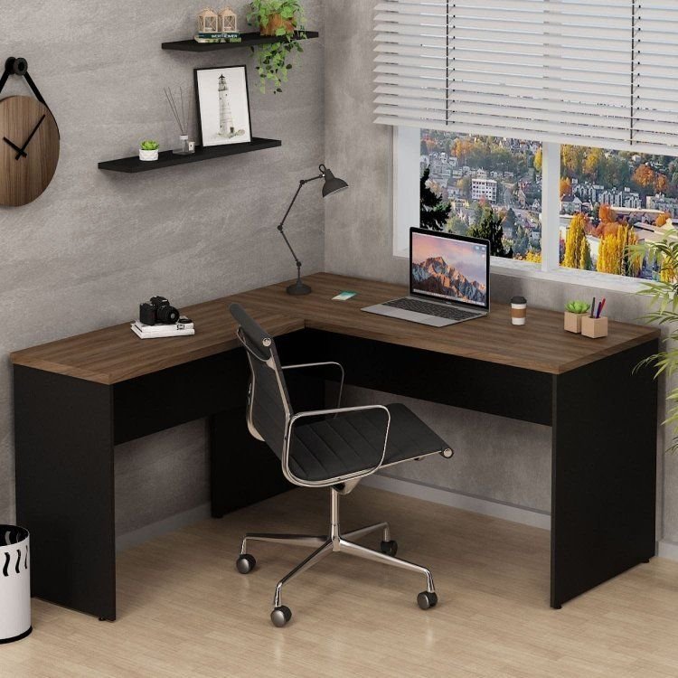 Mesa de Canto em L para Escritório Tampo 140cm Nogal Marrom Nogal
