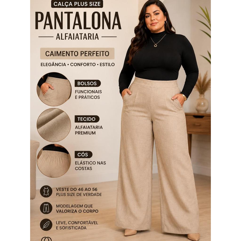Calça Wide Leg Plus Size Feminina Alfaiataria Premium com Bolso Cós Elástico Alfaiataria Marron Preto Bege Elegante