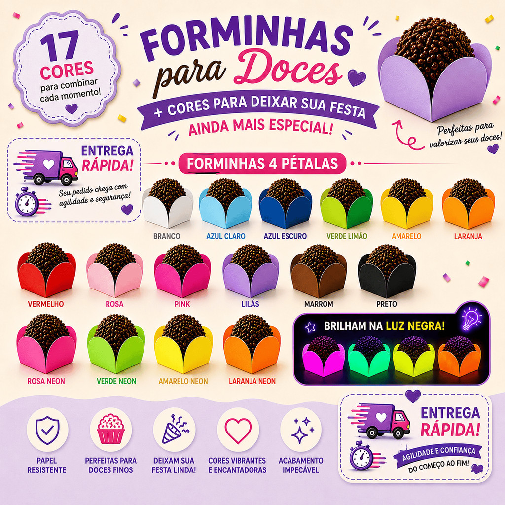 50 a 300 Forminhas 4 Pétalas para Doces Finos Brigadeiros e Festas