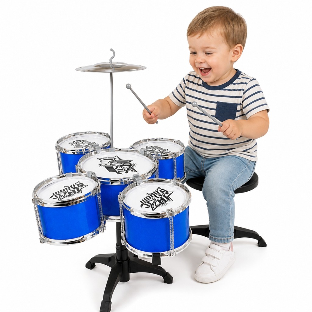 Mini Bateria Musical Infantil Azul C/ Luz e Banco - Castela
