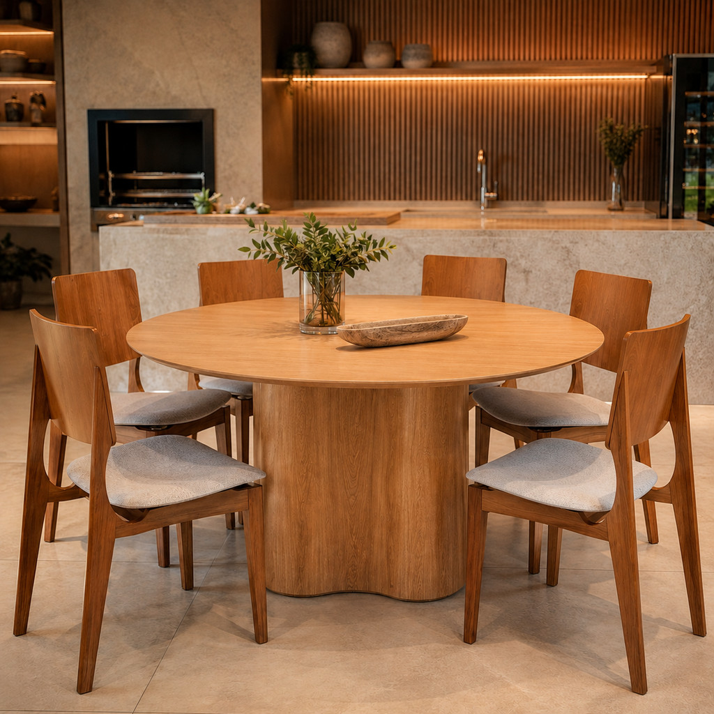 Conjunto Mesa De Jantar Redonda Com  6 Cadeiras Madeira Sala Moderno Rustico Area Gourmet Noronha