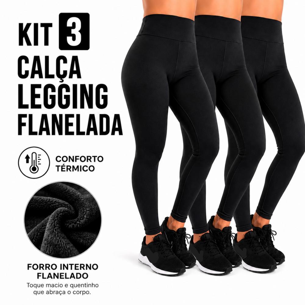 Kit 3 Calça Legging Feminina Cintura Alta Flanelada Térmica Zero Transparência Academia Conforto