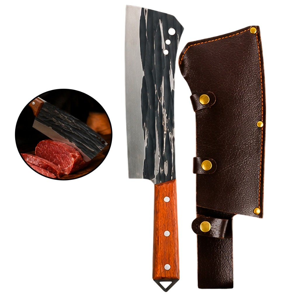 Cutelo de Aço Forjado 35cm Artesanal Profissional Com Bainha Cabo Ergonômico Churrasco Açougue