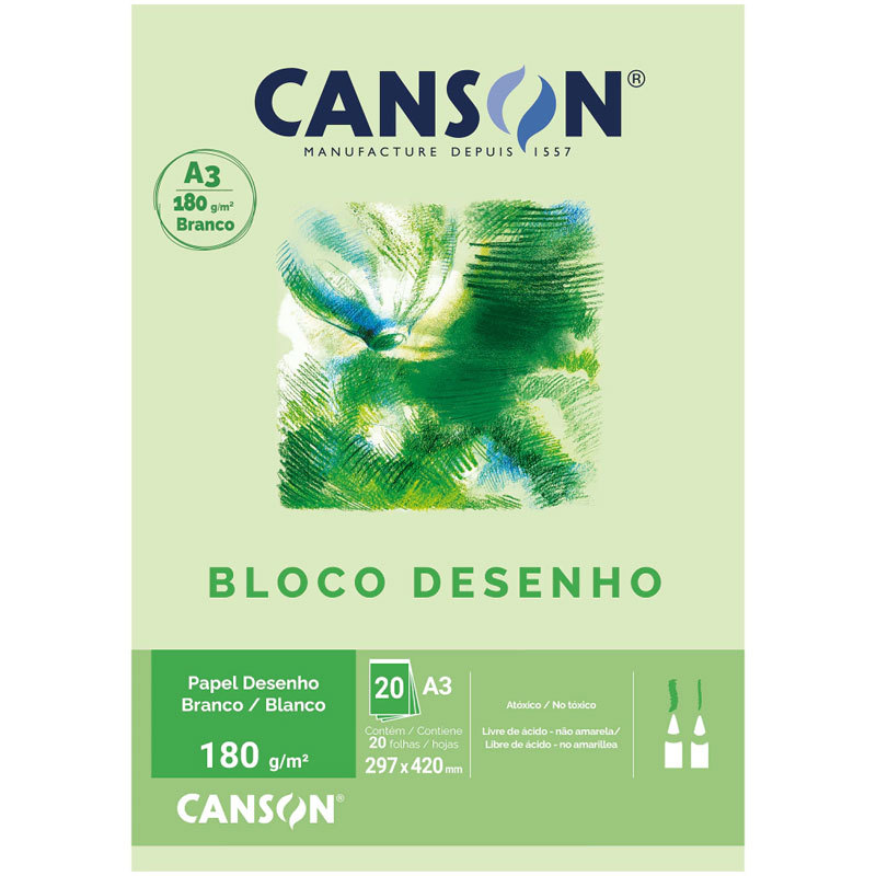 Bloco desenho branco A3 180g com 20 folhas Canson