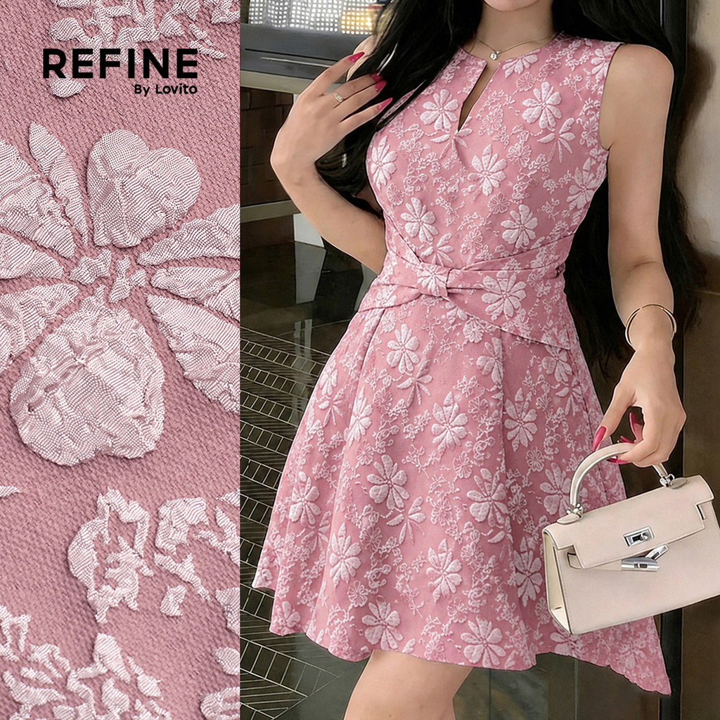 (New Arrival) (Refine by Lovito) Vestido Elegante e Barra com Babados Rosa Prima