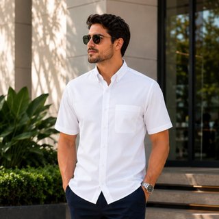 Camisa Social Masculina Manga Curta Com Bolso Básica Verão Polialgodão Não Amassa Facíl Slim Fit Havaiana Caimento Certo