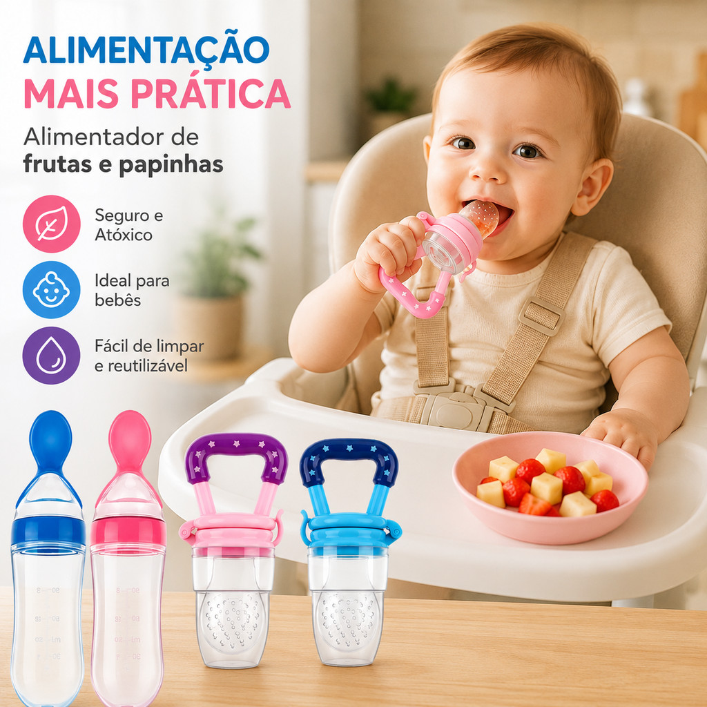 Kit Alimentação Infantil Chupeta Mordedor Porta Frutas + Mamadeira de Silicone com Colher Dosadora
