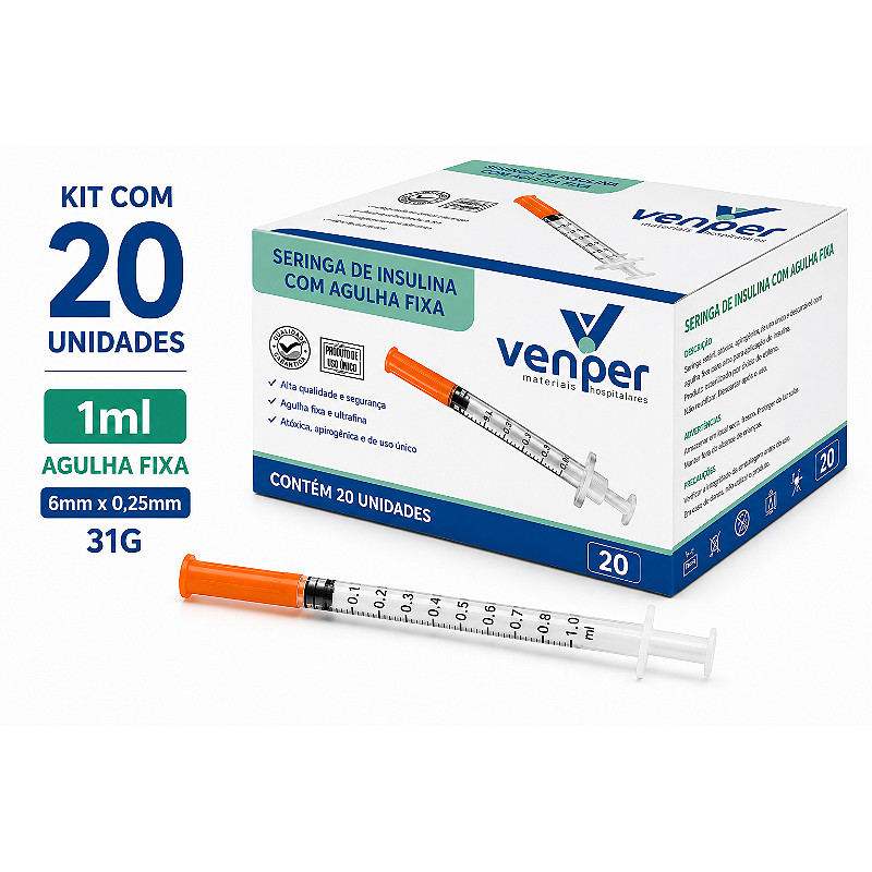 Kit C/20 Seringas de Insulina Agulha Fixa 6mm x 0,25mm 31g 1ml (100UI) - Venper