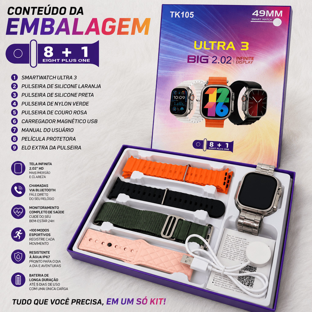 2026Smartwatch Ultra 3 TK105 49mm Tela 2.02 HD Bluetooth IP67 8Pulseiras Kit Completo