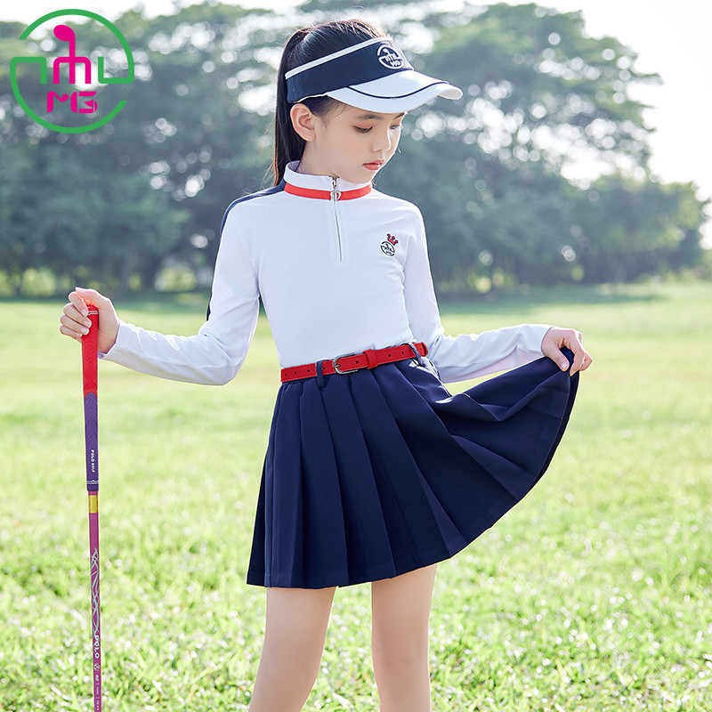 Primavera verão MG coreano crianças roupas de golfe meninas roupas terno de manga comprida camiseta topo plissado saia c