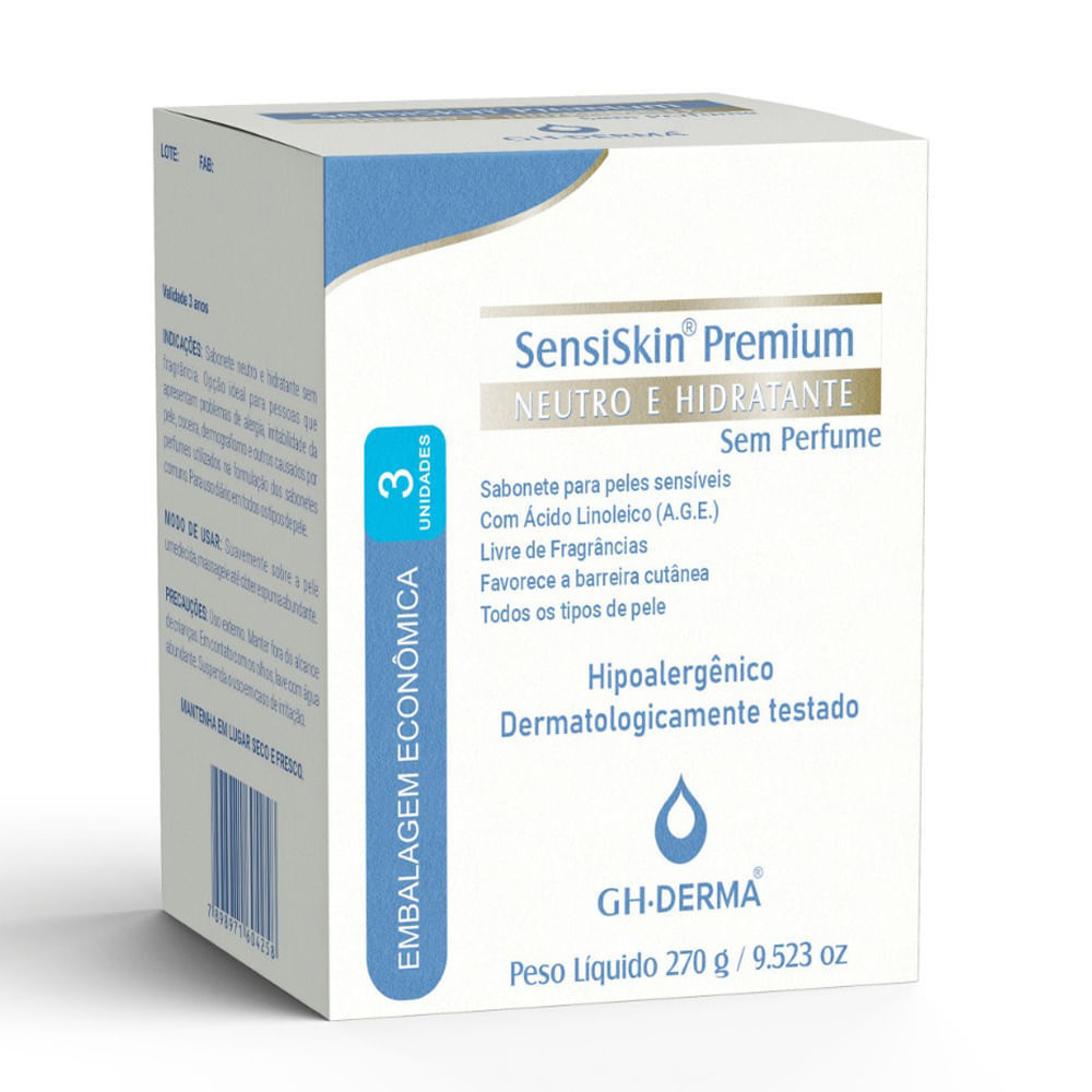 Sabonete em Barra SensiSkin Premium Neutro e Hidratante Sem Perfume 3 Unidades de 90g cada