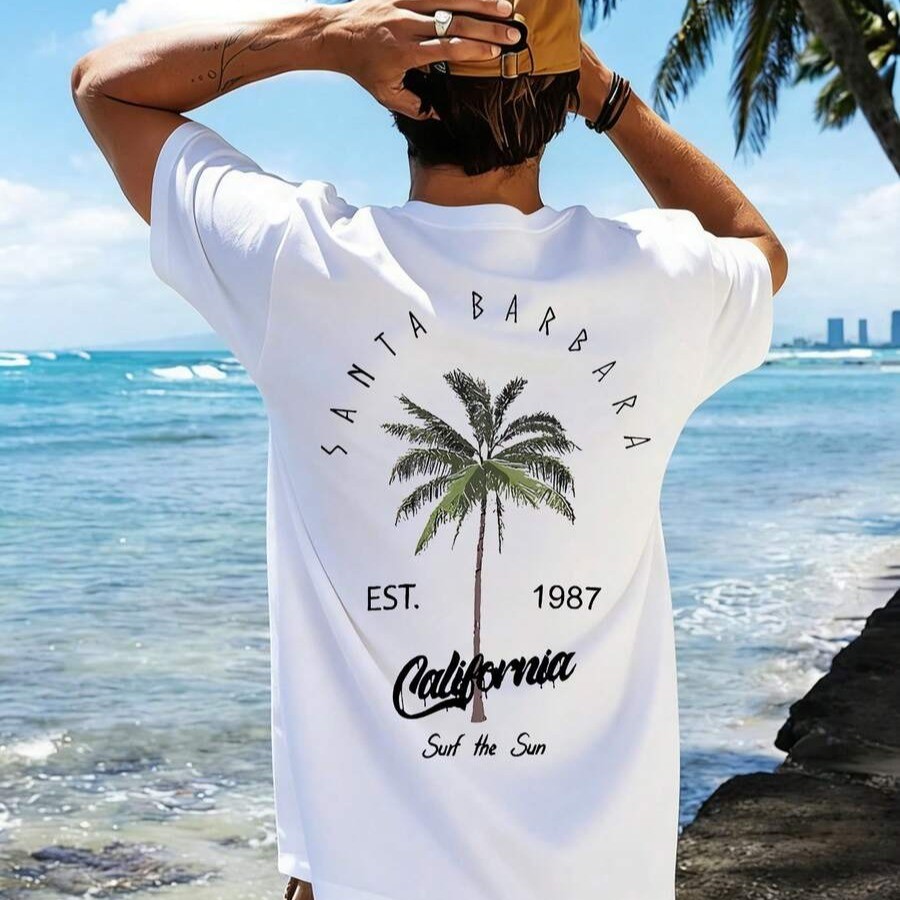 Camiseta Masculina Estampada Santa Barbara California Coqueiro Algodão Premium Streetwear Praia Verão Casual Unissex