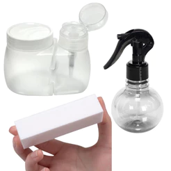 KIT DOSADOR DE ACETONA COM PORTA ALGODĂO + BORRIFADOR BOLINHA 180ML + LIXA CUBO BRANCA