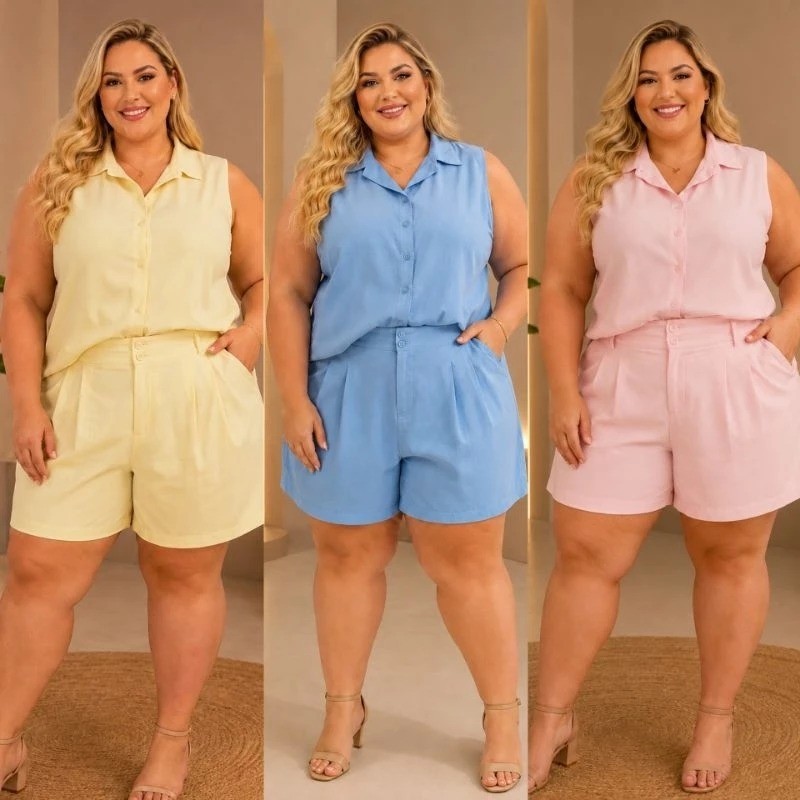 Conjunto Feminino Plus Size Regata Social e Short Elegante