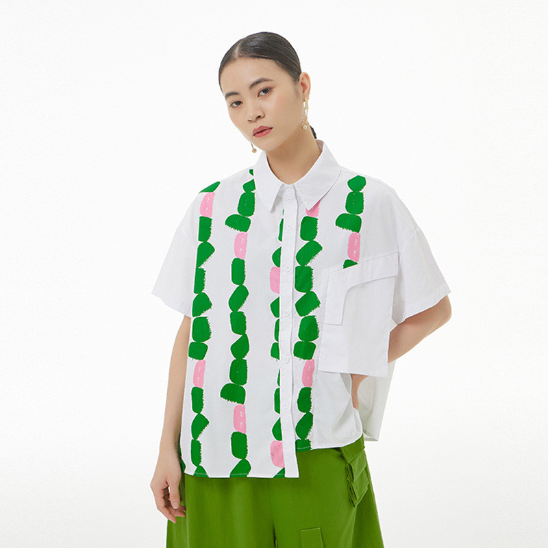 Olhos grandes [Roupas femininas estilo Yamamoto] Camisa de manga curta-2 cores verão estampado Plus Size roupas feminina
