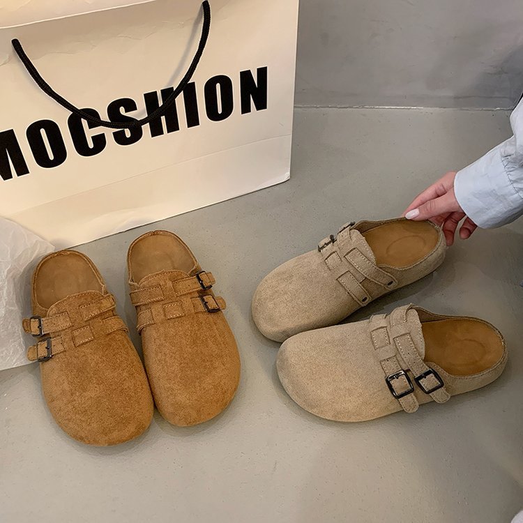 Chinelos femininos Baotou Muller, sapatos Boken planos, sapatos baixos