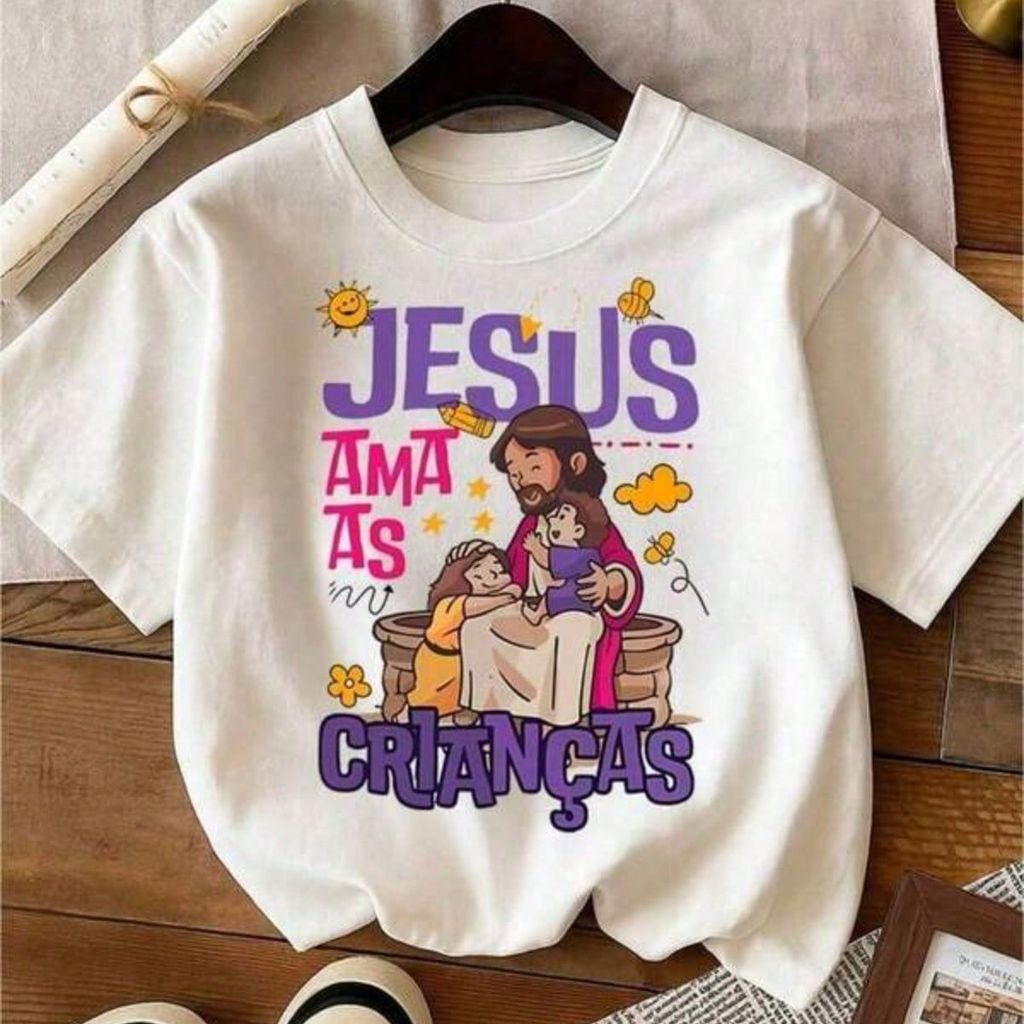 Camiseta infantil Estampado Jesus Ama As Crianças - Estampas Exclusivas Para Criança 100% Algodão