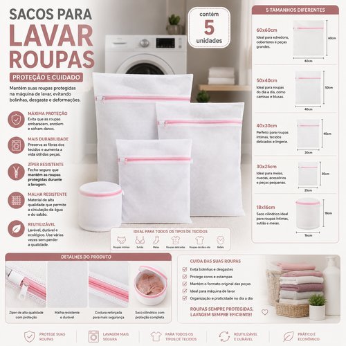 Conjunto Sacos Proteção Lavagem Roupas Delicadas Zíper Branco 5 Peças