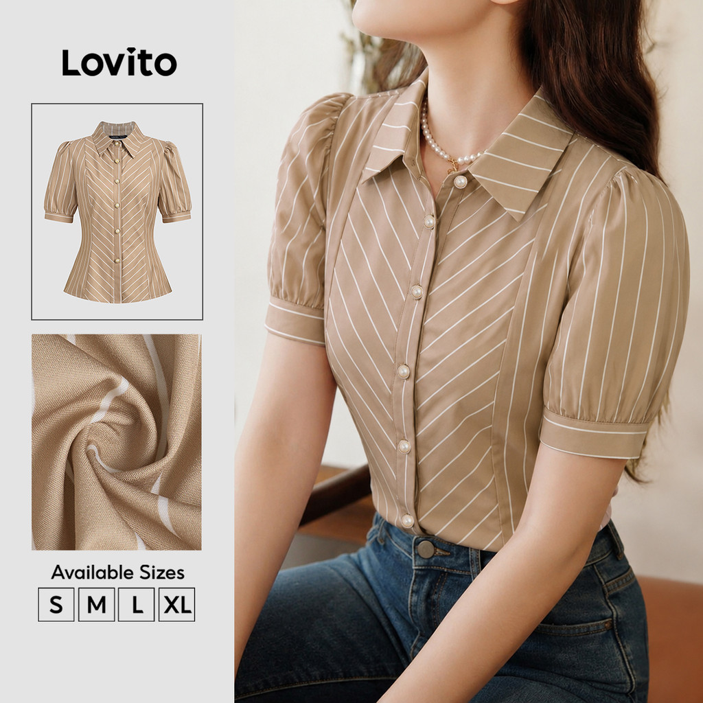 (New Arrival) Lovito Blusa Casual Feminina Botão Linha Estruturada Verão/primavera cáqui BLB38BR096