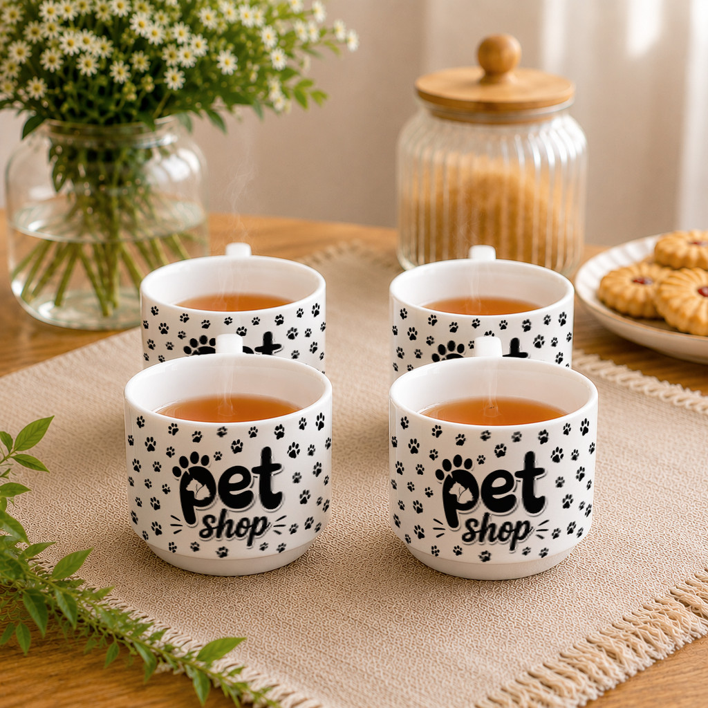 Kit 4 Xícaras Porcelana Pet Shop Cachorro Gato Animais Pet