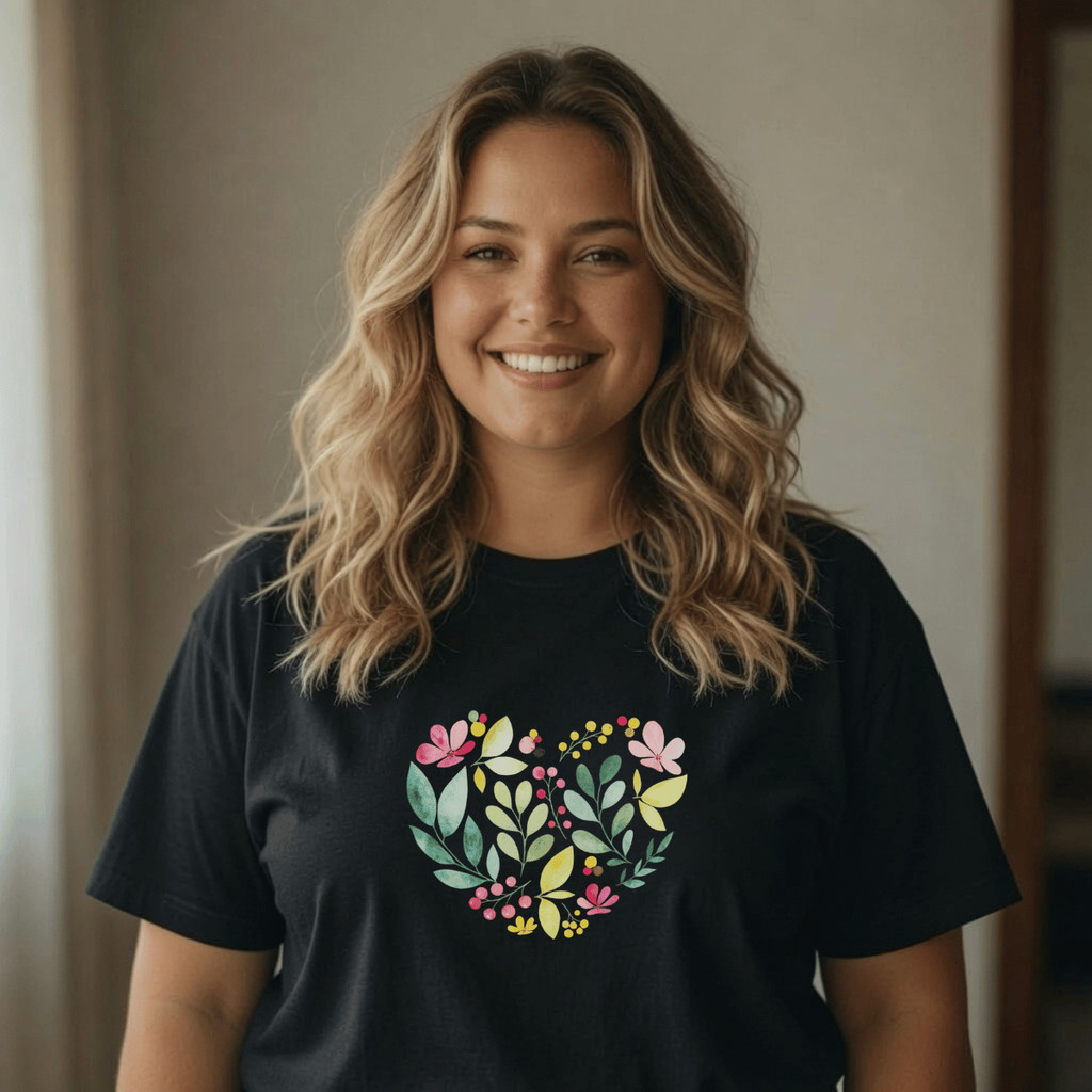 Camiseta Plus Size Feminina Estampada  Coração plantas 100% Algodão Premium Academia T-Shirt Treino Blusa Camisa P Ao G5
