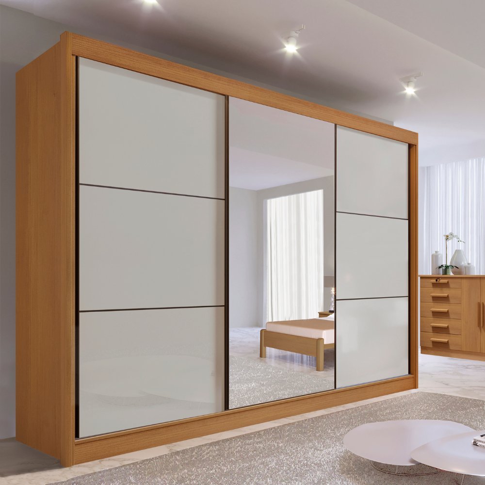 Guarda Roupa com Espelho Casal 3 Portas 6 Gavetas 100% MDF Miami Marrom/Cinamomo/Off White Cinamomo/Off White