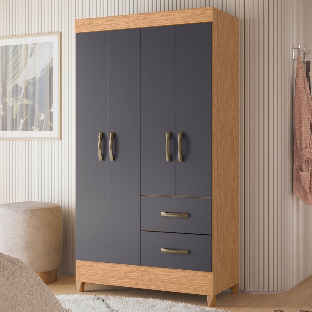 Guarda-Roupa Solteiro 4 Portas 2 Gavetas Mobi Cinza/Freijó/Titanium Freijó/Titanium