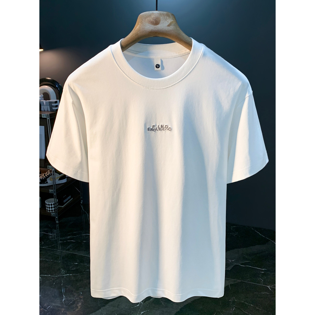 Americano solto simples bordado carta camiseta masculina verão manga curta em torno do pescoço pulôver branco All-Match 