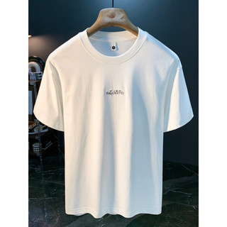 Americano solto simples bordado carta camiseta masculina verão manga curta em torno do pescoço pulôver branco All-Match 
