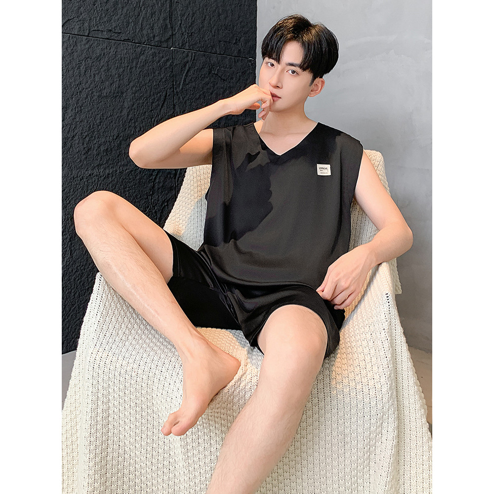 Pijamas de seda gelo masculino verão sem mangas colete estilo simples estilo fino simulação seda 2025 novo estilo colete