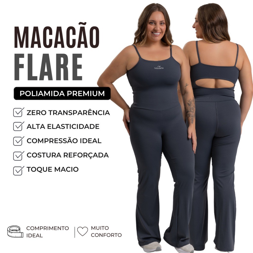 Macacão Alcinha Flare Fitness Feminino Zero Transparência Compressão Sustentação Poliamida Premium academia treino casua