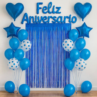 Kit Festa Aniversário 26 PCS Azul Feliz Aniversario Cortina Metalizada Balão Coração Estr…