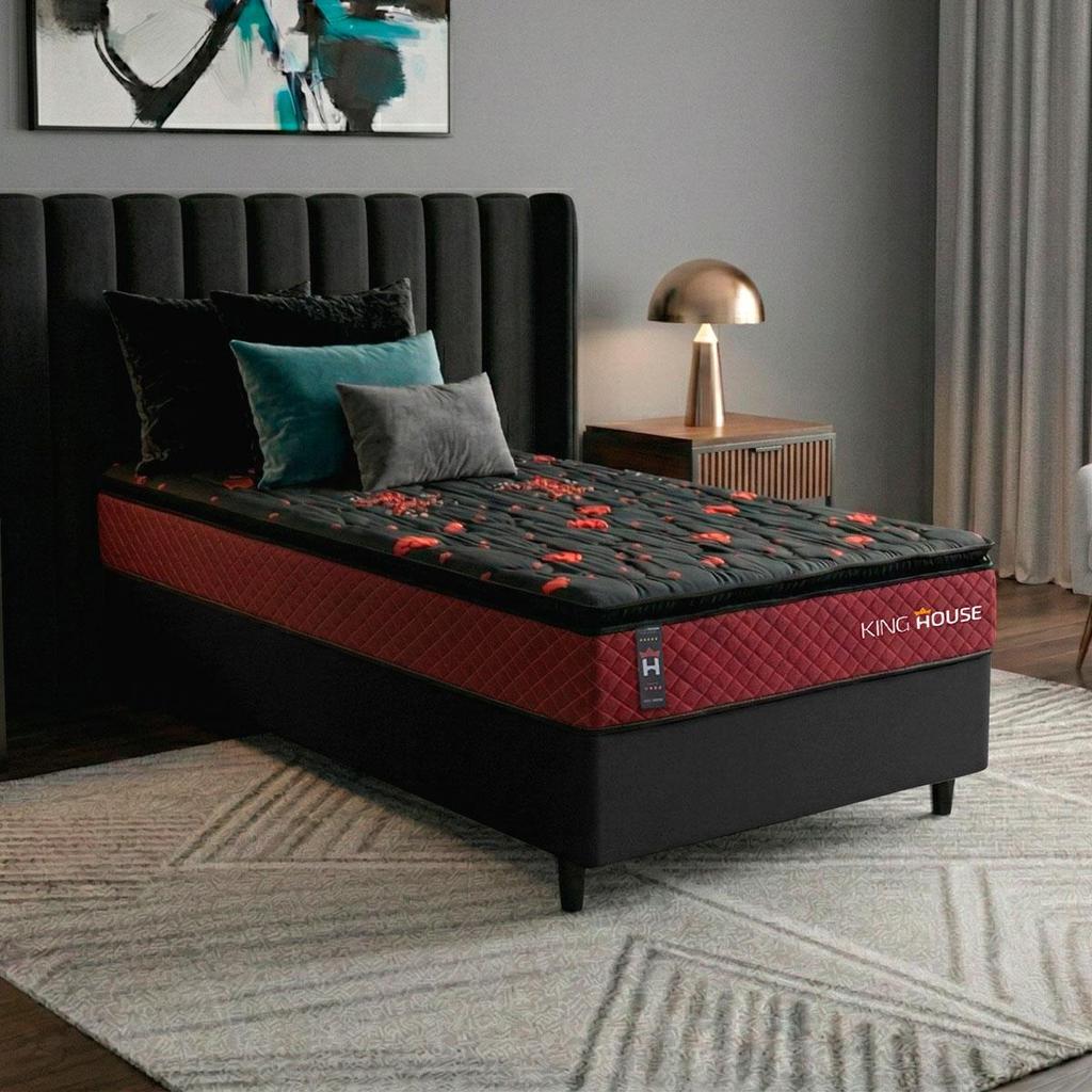 Conjunto Cama Box c/ Molas Ensacadas Toronto Vermelho Solteiro 88x188x66