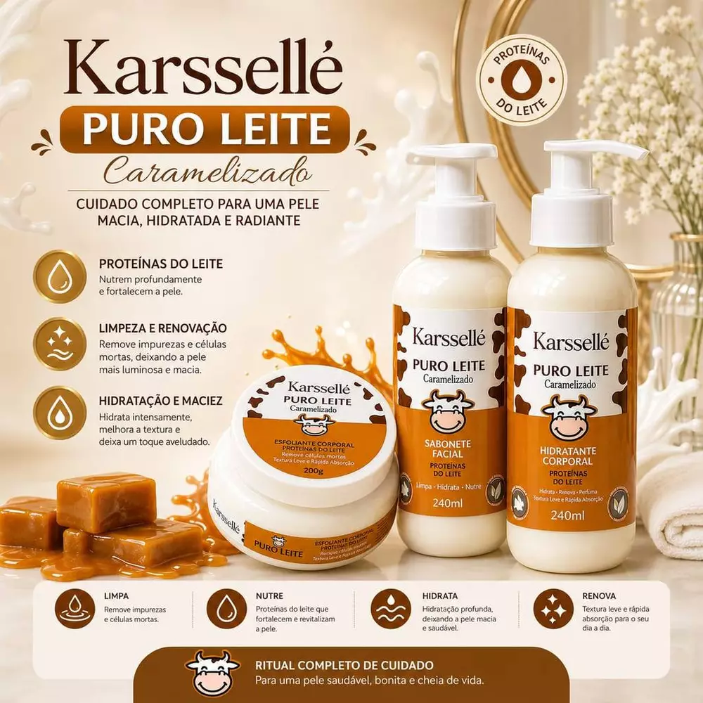 Linha Karsselle Puro Leite Caramelizado OU Produtos Individuais (Esfoliante/Hidratante/Sabonete)