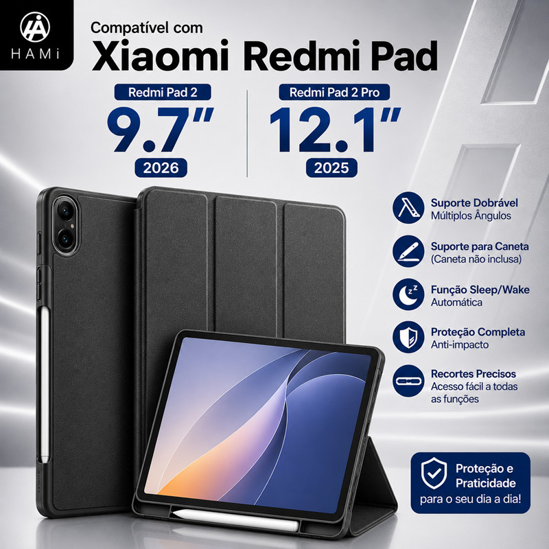 Capa para Redmi Pad 2 9.7" 2026 / Poco Pad M1 12.1" 2025 com Suporte Dobrável e Porta-Caneta