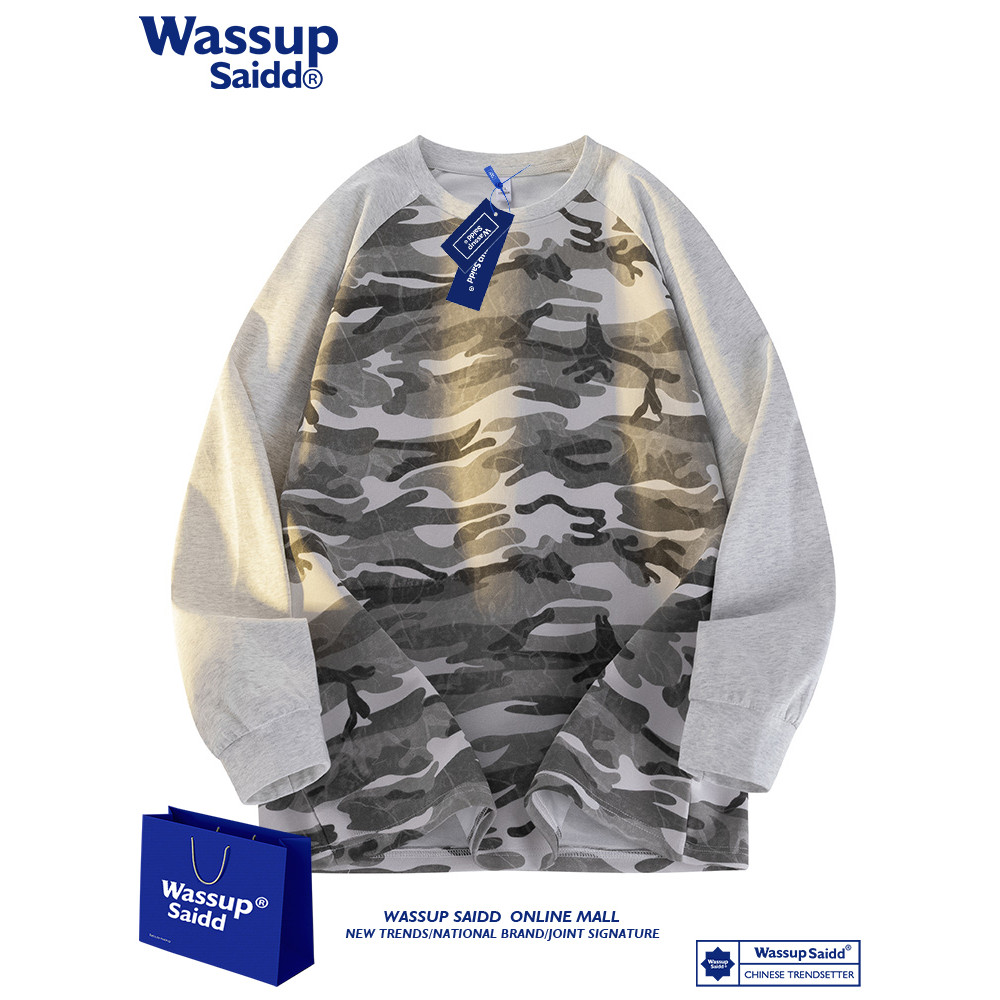 WASSUP SAID Camuflagem em torno do pescoço de manga comprida camiseta masculina primavera outono solta Casual camisa de 