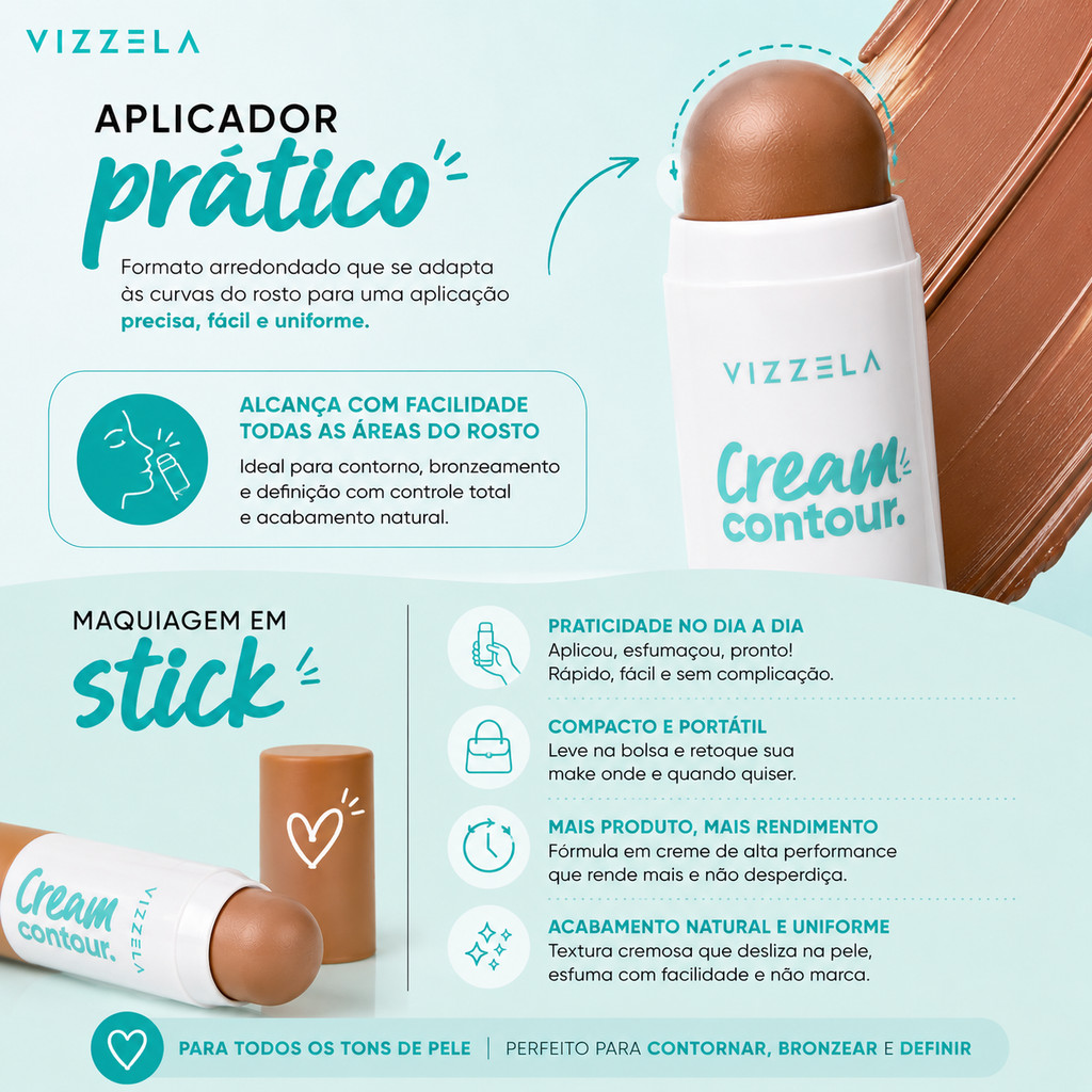 Contorno em Bastão Cream Contour VIZZELA 7g Contorno Maquiagem Contorno Cremoso Contorno Vizzela Contorno Stick