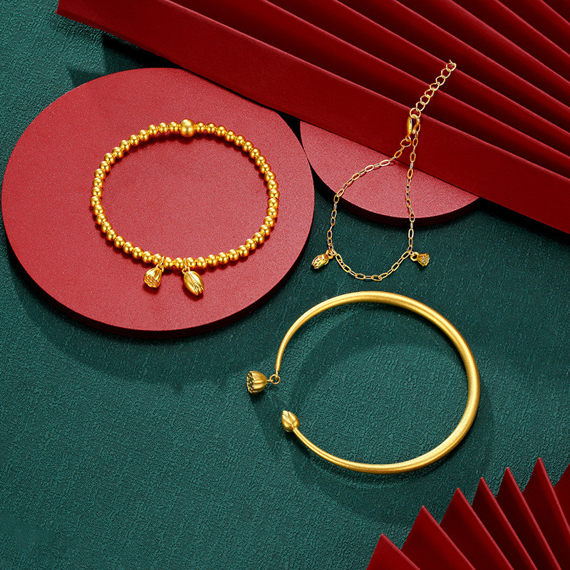 Vietnã areia ouro cobre banhado a ouro método antigo duplo lótus pingente par contas pulseira aberta feminino sólido lis