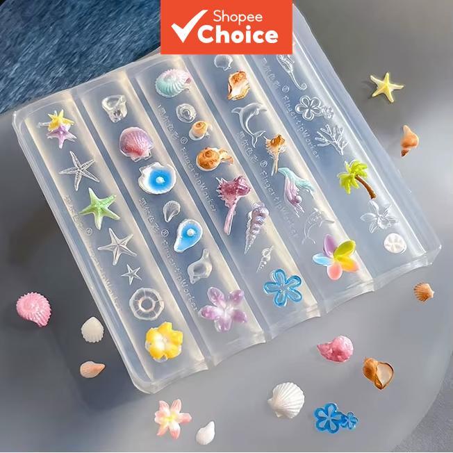 Conjunto de Moldes 3D em Acrílico para Unhas - Lírio, Concha do Mar, Caracol, Coral e Estrela do Mar para Decoração de