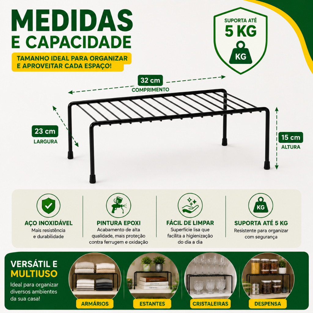 Kit 2 Organizadores Organizador De Armário Aramado Prateleira Dispensa Cozinha Banheiro Preto Branco 32 CM — imagem 2 de 2