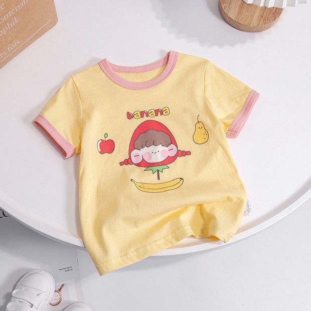 Meninas camiseta de manga curta 2026 novo estilo verão listrado dos desenhos animados pulôver médio pequeno crianças cam