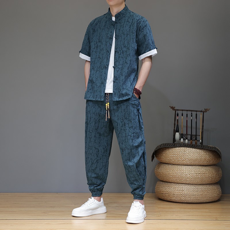 Novo estilo chinês verão masculino Hanfu Jacquard terno de manga curta masculino estilo chinês solto fino Casual gola al