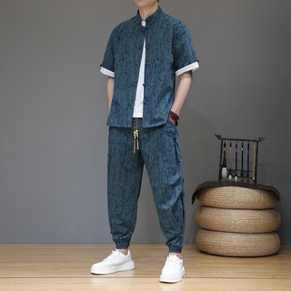 Novo estilo chinês verão masculino Hanfu Jacquard terno de manga curta masculino estilo chinês solto fino Casual gola al