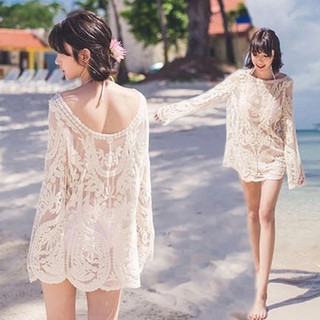Blusa de biquíni feminina verão férias à beira-mar primavera quente maiô jaqueta oco renda protetor solar praia exterior