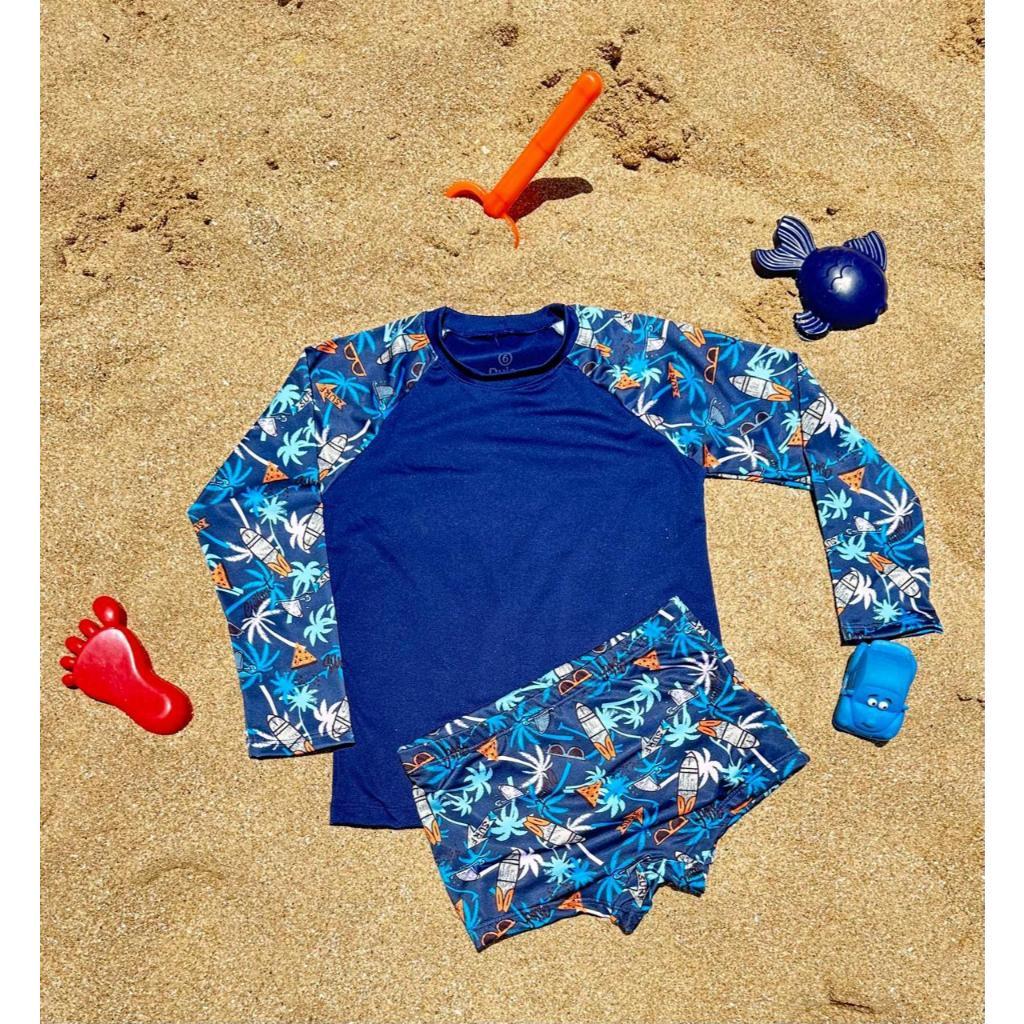 Conjunto Moda Praia e Piscina Camiseta Termica e Sunga com Forro Infantil 50 UV Verão Menino Desenhos Tubarão skate