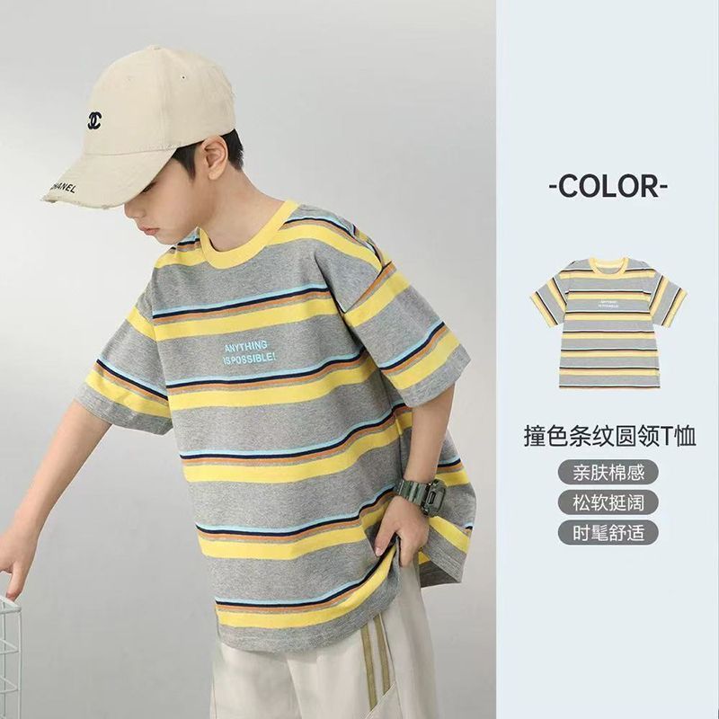 Camiseta Infantil Listrada De Manga Curta Para Meninos , Solta De Verão Crianças Médias E Grandes De Meia Meninos2026090