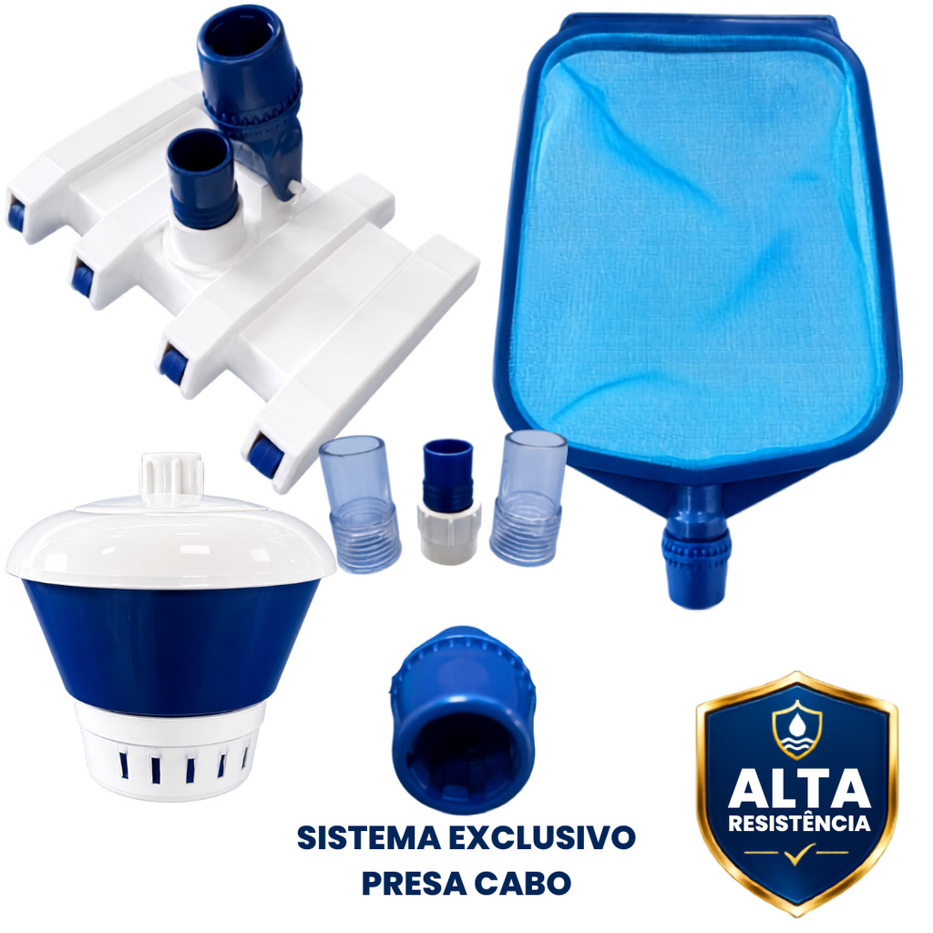 Kit Limpeza Piscina Completa Peneira Cata Folha Aspirador 8 rodas Clorador M Adaptadores