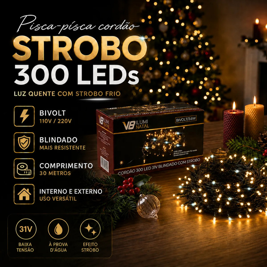 Cordão Strobo 300 Leds Natal 30m Pisca 60 Prova Dagua Bivolt